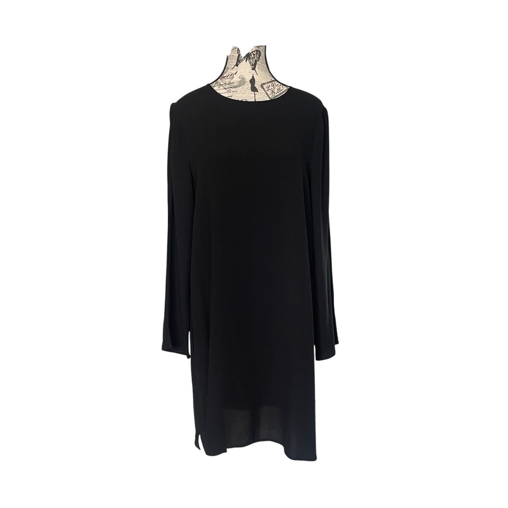Eileen Fisher Shift Dress Womens XS Black 100% Silk Long Sleeve Keyhole Back